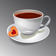 Vector illustration of a cup of tea with biscuit in the shape of a heart with jam. 