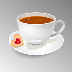 Vector illustration of a cup of tea with biscuit in the shape of a heart with jam.