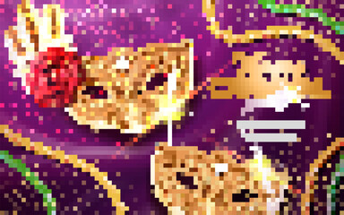 Mardi gras carnival invite with mask and beads. Background for venetian masquerade flyer with rose flower and peacock feather on satin. Fat tuesday Venice party. Festive poster. Holiday