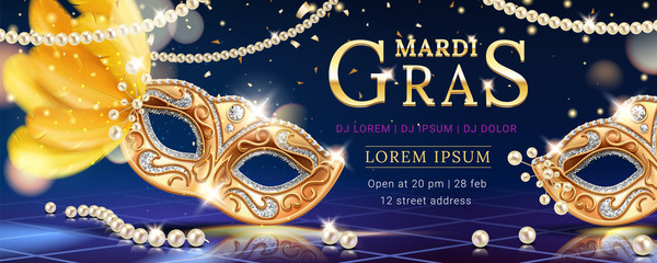 Masquerade mask with feather for mardi gras carnival banner. Venice event invite background with beads and confetti. Party flyer or venetian festive card design. Holiday and disguise, celebration