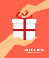 The concept of giving gifts. A gift in hand. Holiday gift. Flat design.