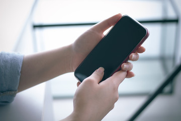 girl with mobile phone touch screen for internet business social network connect