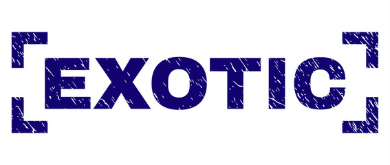 EXOTIC caption seal print with grunge texture. Text caption is placed inside corners. Blue vector rubber print of EXOTIC with unclean texture.