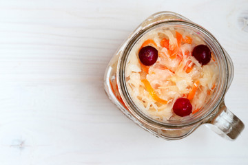 Sauerkraut in a jar. View from above.