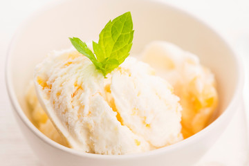 Vanilla Ice Cream with Mint in bowl Organic product