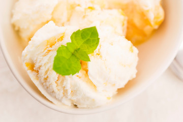 Vanilla Ice Cream with Mint in bowl Organic product