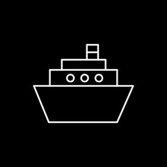 Flat line monochrome ship symbol for web sites and apps. Minimal simple black and white ship symbol. Isolated vector white ship symbol on black background.