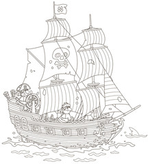 Old sea pirate sailing ship with guns and a flag of Jolly Roger with bones on a main mast in chase, black and white vector illustration in a cartoon style for a coloring book