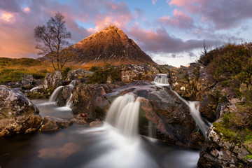 Beautiful Waterfall At Buachaille Etive Mor In The Scottish Highlands At Sunrise.