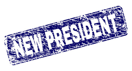 NEW PRESIDENT stamp seal print with distress style. Seal shape is a rounded rectangle with frame. Blue vector rubber print of NEW PRESIDENT caption with dust style.