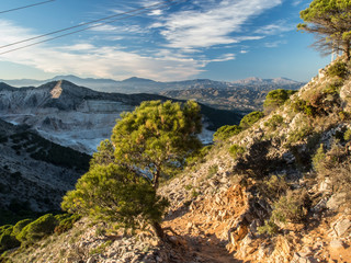 Fototapeta na wymiar limestone mine in the mountains, with trees in front and sunset light