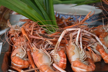  Fresh orange prawns with green spring onions on the chatuchak local market in Bangkok, Thailand