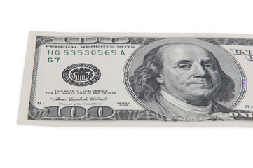 Part of the bill of one hundred American dollars on a white background isolated.