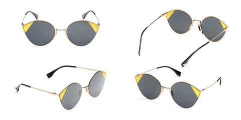 Set Retro sunglasses in round frame isolated on white background. Collection fashion Vintage summer...