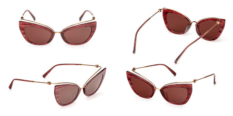 Set Female Vintage Coral Sunglasses isolated on white background. Collection fashion womens retro...