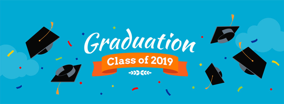 Black graduate caps and confetti on the sky background. Vector background for banners, invitation card and greeting. Graduation Party concept.