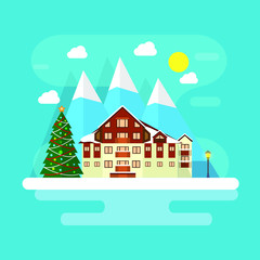 Winter city scene on ski resort.