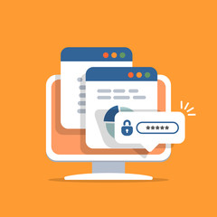 Fototapeta premium Notification with lock and password on screen computer. Private access to documents. Window with user authorization. Vector illustration in flat style.