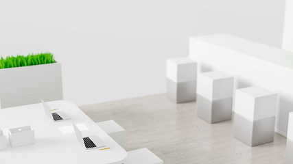 Empty white and green exhibition booth, copy space illustration, 3d rendering, retail concepts