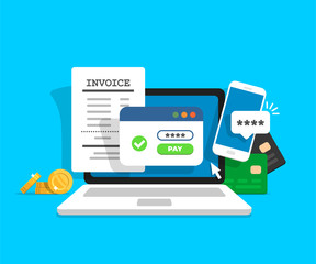 Online payment concept. Laptop with electronic invoice. Financial transaction confirmation via SMS. Coints and card on background. Vector illustration in flat style.