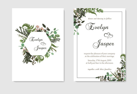 Set for wedding invitation, greeting card, save date, banner. Fern leaf, boxwood, brunia and eucalyptus. Square, geometric figure, vertical rectangle on white background. Vector template