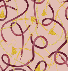 Seamless gold color chain, tassel and belts pattern on light pink background. Pattern for summer designs.