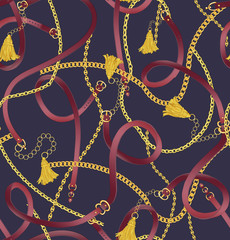 Seamless gold color chain, tassel and belts pattern on dark purple background. Pattern for summer designs.