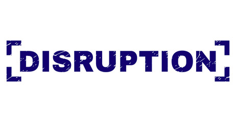 DISRUPTION text seal watermark with distress texture. Text label is placed inside corners. Blue vector rubber print of DISRUPTION with corroded texture.