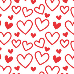 Valentines day pattern with red outline hearts . Vector design illustration