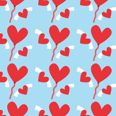 Fototapeta na wymiar Valentines day pattern. Winged red hearts with red heart balloons. Vector design illustration