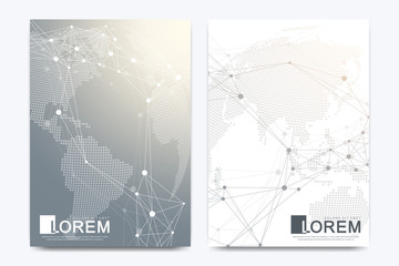 Modern vector template for brochure, leaflet, flyer, cover, banner, catalog, magazine, or annual report in A4 size. Futuristic science and technology design. Geometric graphic background molecule