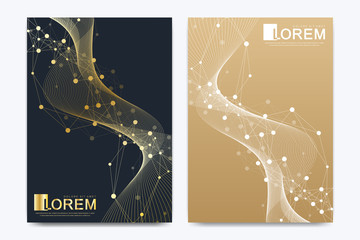 Modern vector template for brochure, leaflet, flyer, cover, catalog, magazine, banner or annual report. A4 size. Business, science and technology design with golden dynamic waves, line and particles.
