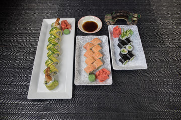 Japanese sushi set with ready to serve. Beautiful eastern style table decoration with sushi.
