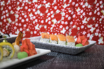 Japanese sushi set with ready to serve. Beautiful eastern style table decoration with sushi.