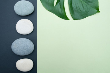 Spa empty background, flat lay , Stylish two-tone background with stones and monstera  with copy space 