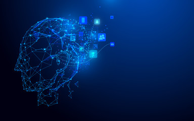 Head and social icons from lines, triangles and particle style design. Illustration vector