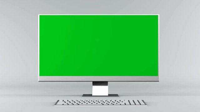 PC computer with 3d keyboard and monitor with green screen on silver light background. 4K render animation footage.