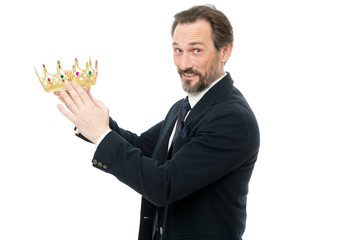 Become next king. Monarchy family traditions. King attribute. Man nature bearded guy in suit hold...