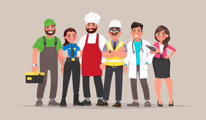People of different professions. Builder, female police officer, cook, engineer, doctor and teacher