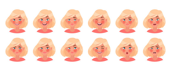 Set of different emotions of a female character. Beautiful girl emoji with a variety of facial expressions