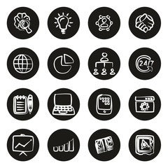 Business Enterprise Icons Freehand White On Black Circle