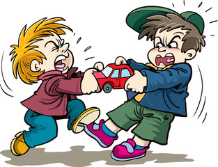 cartoon kids fighting over a toy