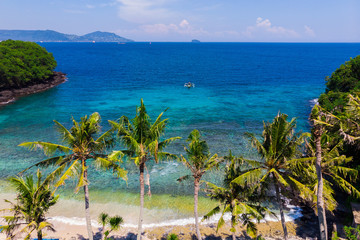 Aerial view of a tropical beach with palm trees and coastline and the boat sways on the water of the ocean. Rainforest, blue lagoon on the island of Bali