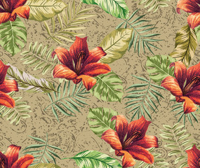 Floral tropical seamless pattern background with exotic flowers background