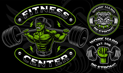 Set of vector badges, logos, shirt designs for the gym.