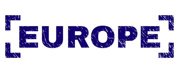 EUROPE title seal print with distress texture. Text caption is placed inside corners. Blue vector rubber print of EUROPE with grunge texture.