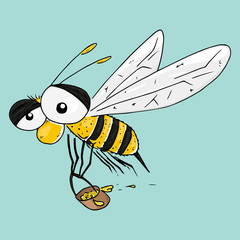 Bee with a bucket for honey hand drawn. Vector illustration of cartoon wasp, bee. Icon wasp with a bucket.