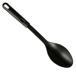 Hand with Black plastic kitchen spoon, kitchenware for cooking