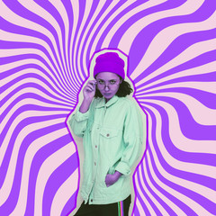 Collage poster art of fashion pretty alien girl in sunglasses and hat on psychedelic purple background