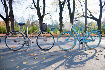 Fototapeta premium Bright bicycles on the European parking